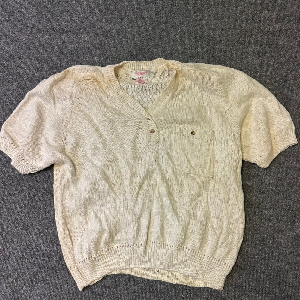 American Weekend Sweater Womens Size L Cream Ramie Cotton Henley Short Sleeve
